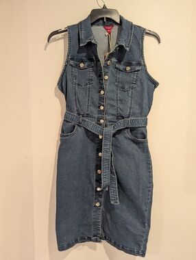 Guess Blue Denim Sleeveless Button-Front Dress with Belt